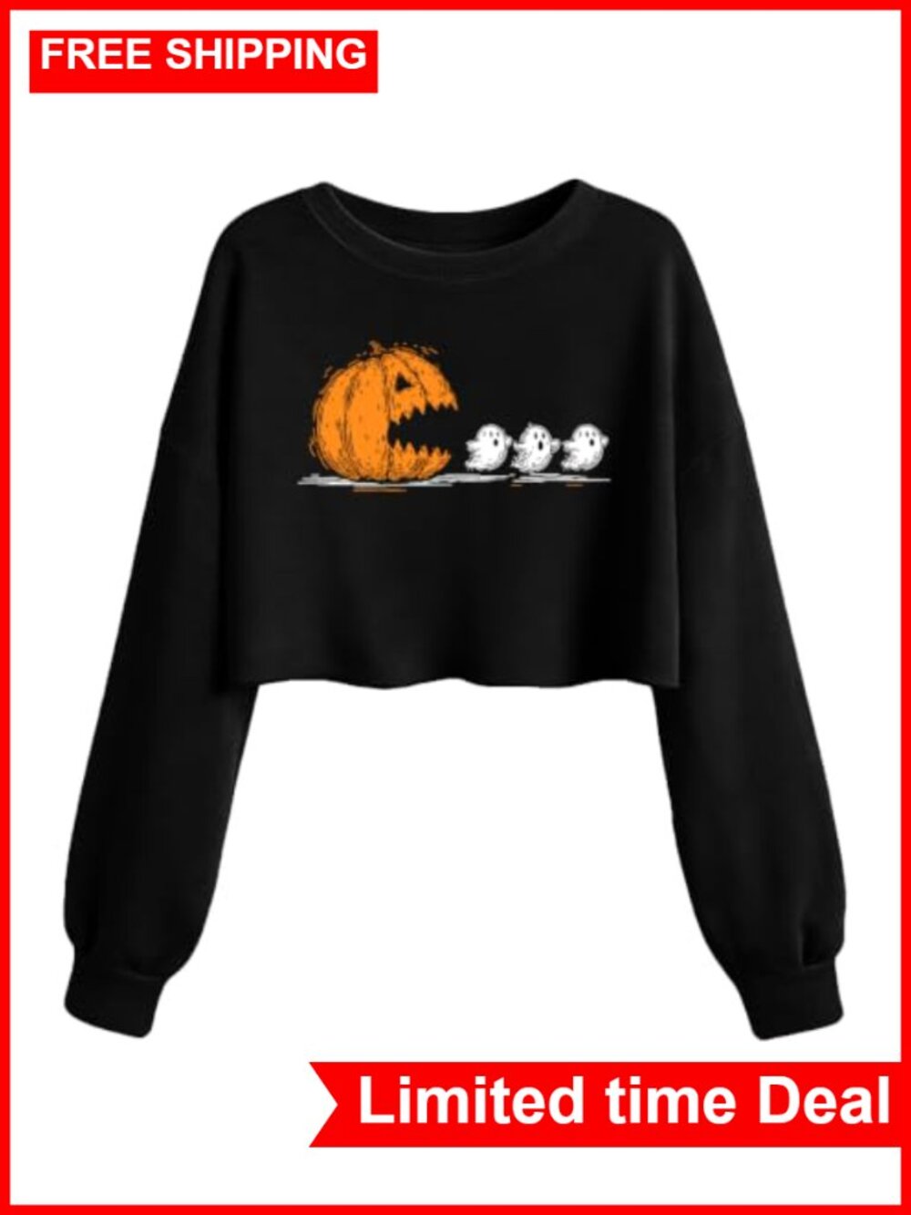 Halloween Crop Sweatshirt Women Ghost Long Sleeve Pullover Fall